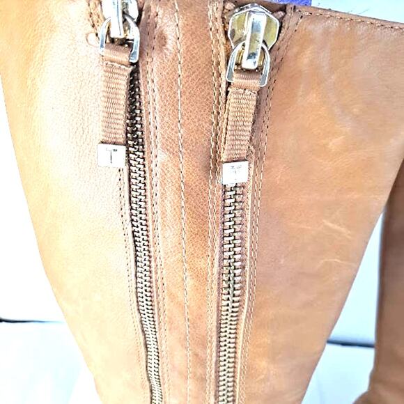 Vintage Tahari Knee Boot 9M Andy Leather Double Zipper Tall Caramel Brown - Picture 5 of 14